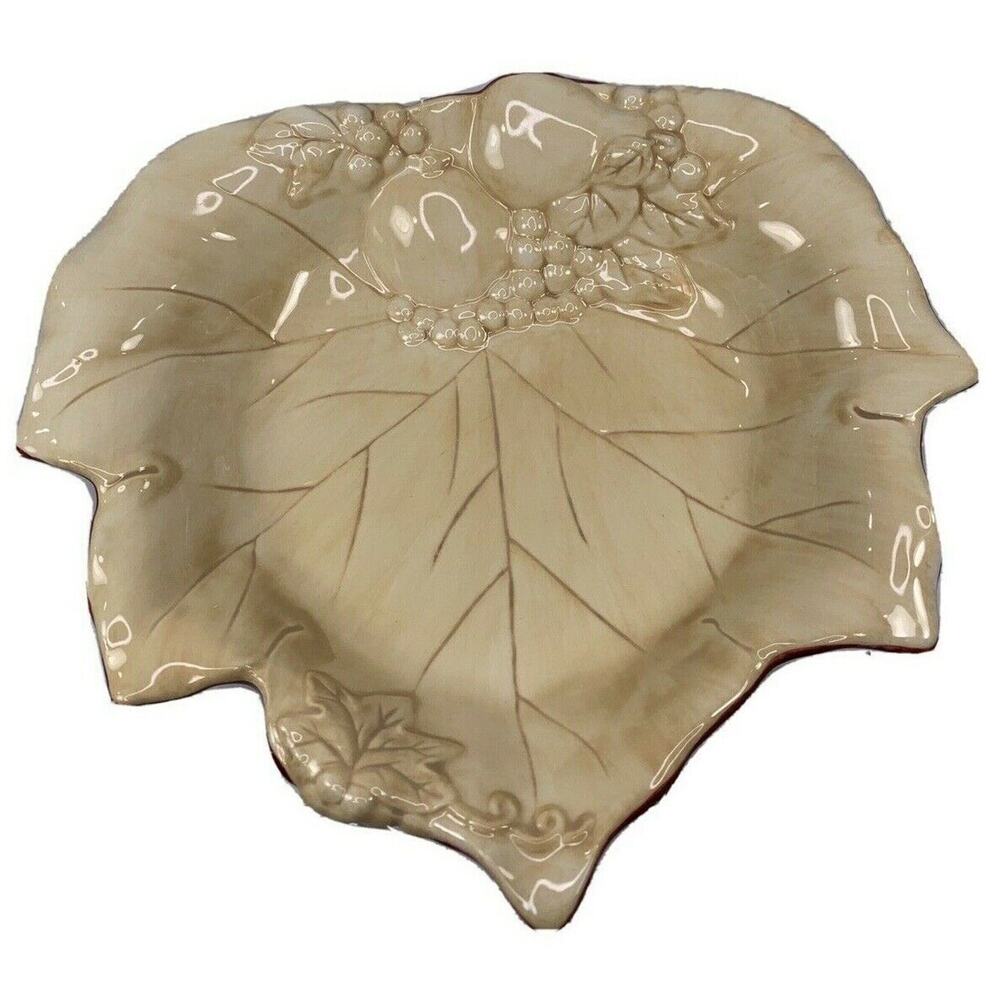 Hallmark Embossed‎ Grape Leaf and Fruit Ceramic Bowl Wine and Ivory 8 1/2"